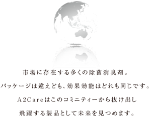 市場に存在する多くの除菌消臭剤。パッケージは違えども、効果効能はどれも同じです。A2Careはこのコミニティーから抜け出し飛躍する製品として未来を見つめます。